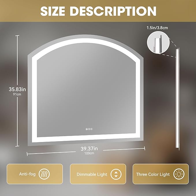 Hasipu 40" x 36" Arch LED Bathroom Mirror, Frontlit Wall-Mounted Vanity Mirror with Lights, Defogging, Smart Touch, Dimmable 3 Color Modes, Safety Shatterproof Glass Coating