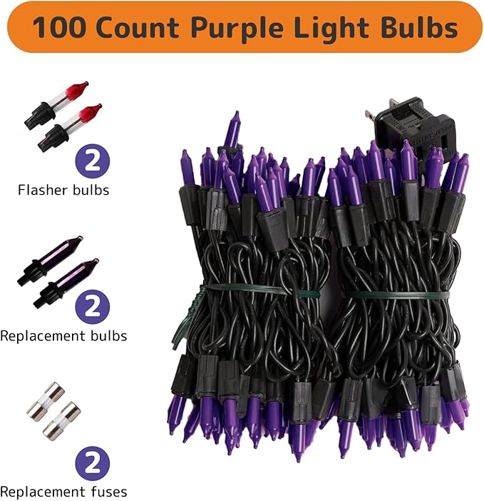 PREXTEX 100 Count Purple Halloween Lights - 20 ft Fairy String Lights with Black Wire - Violet Indoor and Outdoor Mini Light for Halloween Parties, Christmas Holiday Decorations, Fences and Patios