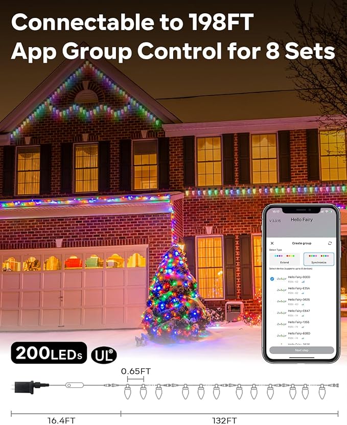 132FT 200LED Smart C9 Christmas Lights Outdoor, DIY Chasing Rainbow Lights App Remote Controlled 100+ Modes, Music Sync Xmas String Lights Waterproof Extendable for Tree House Indoor Xmas Decor