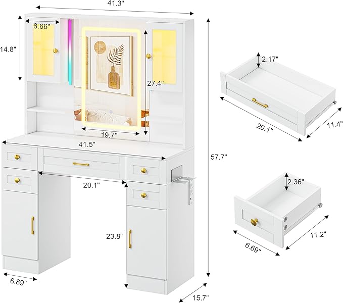 NUNU LAB White Vanity Desk with Mirror and Lights, Women Makeup Vanity with 16 RGB Colors Light & Power Outlet, 4 Cabinet, 2 Shelves & 5 Drawers for Bedroom (049 White)