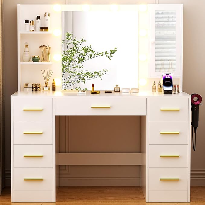 Vanity Desk with Mirror and Lights, Large 43" White Makeup Vanity Desk with 9 Drawers and Power Outlet, 3 Open Shelves and 1 RGB Lighting Cabinet, White and Gold