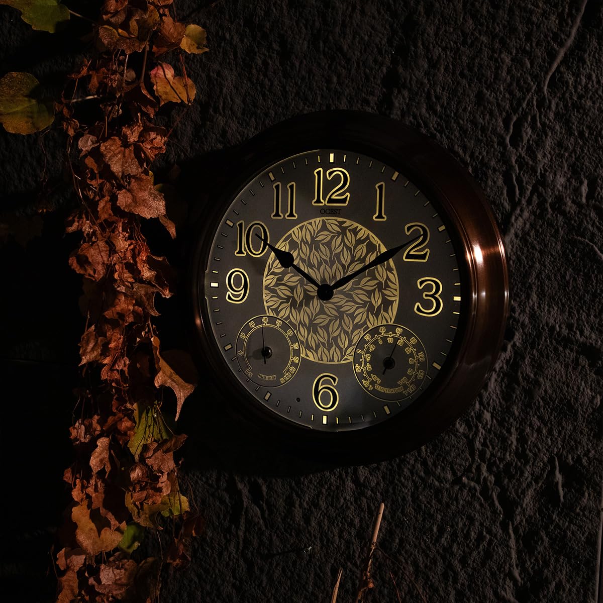 OCEST 15 Inch Illuminated Large Outdoor Clock Waterproof, Night Light Illuminated Wall Clocks with Smart LED Sensor, Temperature and Humidity Combo for Garden Patio Pool Garage (Metal)
