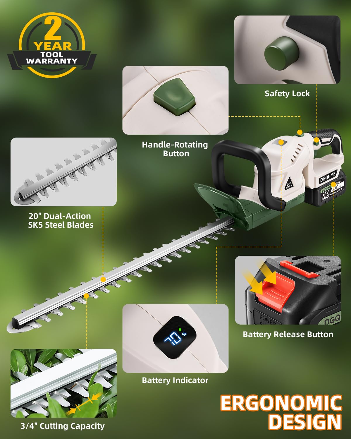 DGQHME 20" Hedge Trimmer Cordless,Electric Bush Trimmer with 2 Pack Rechargeable Batteries,Lightweight Hedge Trimmers,3000RPM 180°Rotatable Head,3/4" Blade Gap