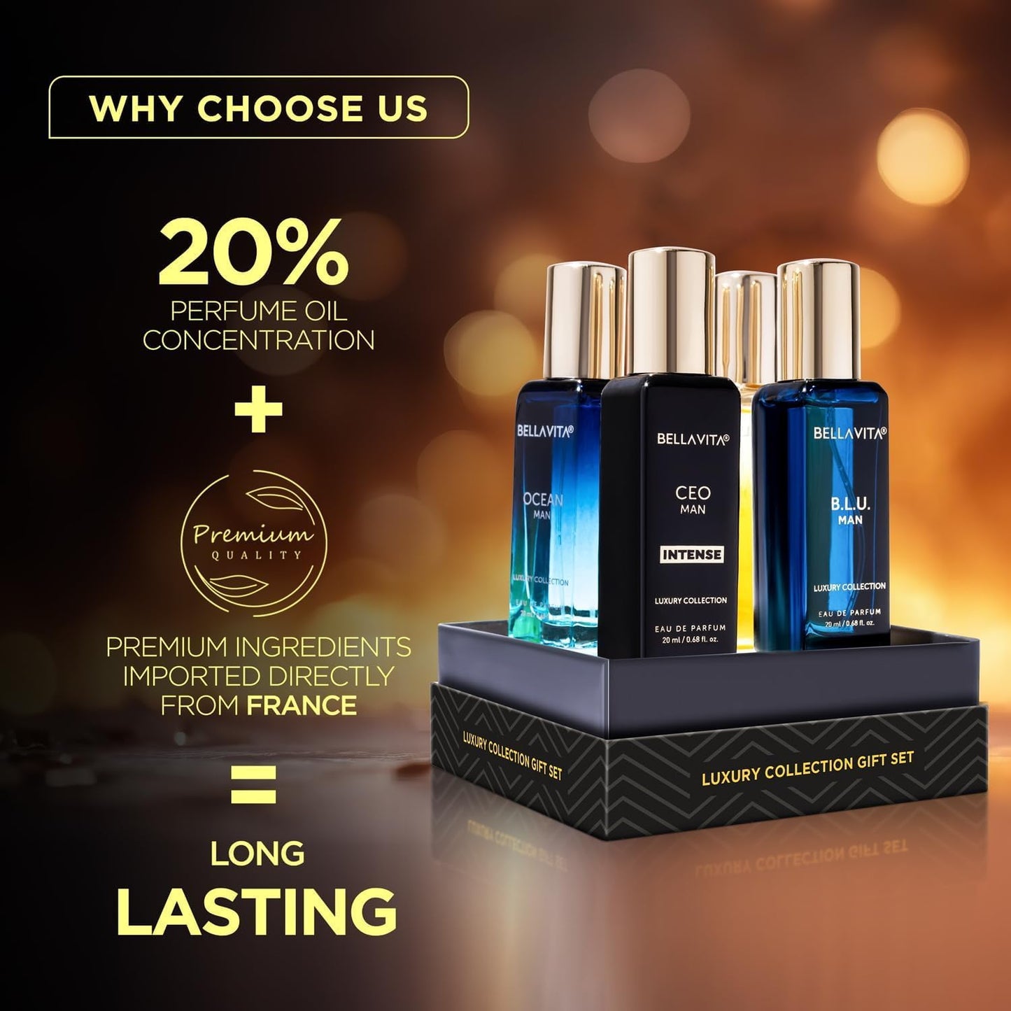 BellaVita Luxury Collection Eau De Parfum Gift Set (4x20ml) | Premium Unisex Perfume Set | Notes of Aqua, Musk, Amber and Bergamot | Includes OUD GOLD, OCEAN, B.L.U. & CEO Intense | Perfume Gift
