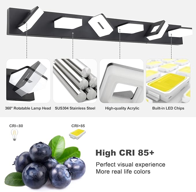 3 Colors Dimmable Bathroom Light Fixtures Over Mirror, LED Black Vanity Lights, Acrylic Stainless Steel 6 Light Bathroom Vanity Light Fixtures, Adjustable 3000K/4000K/6000K, 360° Rotate
