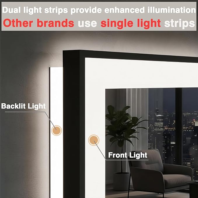Large 88x38 LED Bathroom Mirrors - Black Aluminum Trim (Front and Backlit), Anti-Fog Vanity Mirror with Lights,Stepless Dimmable Lighted, 3 Colors Smart, Memory (Horizontal/Vertical)