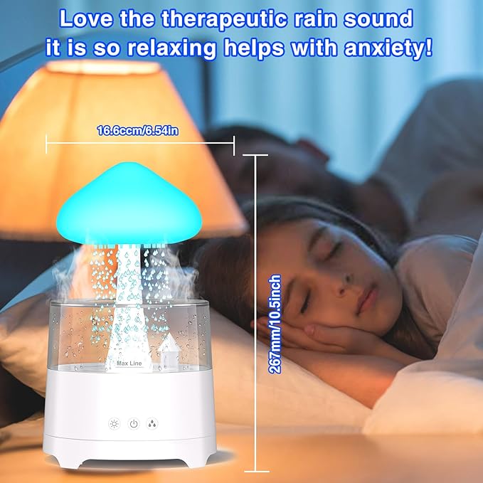Diffuserlove Rain Diffuser Cloud Humidifier 450ML Diffuser Water Drip Waterfall Lamp Mushroom Humidifier (Size: 6.54''x10.5'')