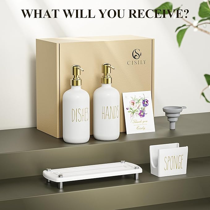 Cisily Kitchen Soap Dispenser Set Comes with Ceramics Sponge Holder, Gold Pumps, and Instant Dry Tray, Hand and Dish Soap Dispenser Set Suitable for Kitchen Decor and Accessories