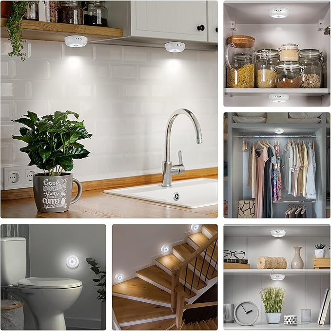 Alivation Motion Sensor Light Indoor, LED Closet Light Battery Operated, Night Light Under Cabinet Lighting, 3 AA Battery Powered, Puck Lights for Wall, Stair, Dimmable (6 Pack)