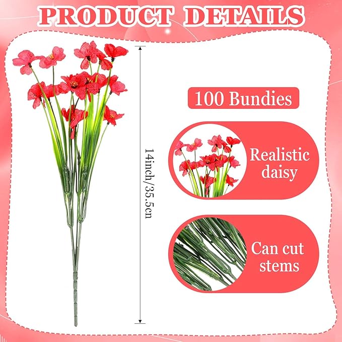 Lyrow 100 Bundles Violet Artificial Flowers, UV Resistant Faux Flowers Outdoor, Faux Silk Flowers, Fake Violet Flowers Bulk for Front Porch Hanging Garden Courtyard Farmhouse Home(Red)