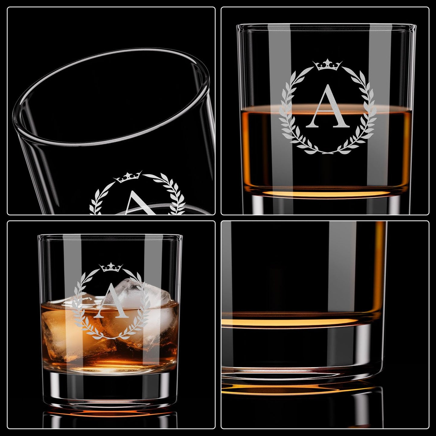 Personalized Whiskey Glasses Gifts for Men, Monogrammed Engraved A-Z 10.6 oz Rocks Glass Customized Gift, Unique Christmas Birthday Gifts for Men Him Dad Husband Brother Son (A)
