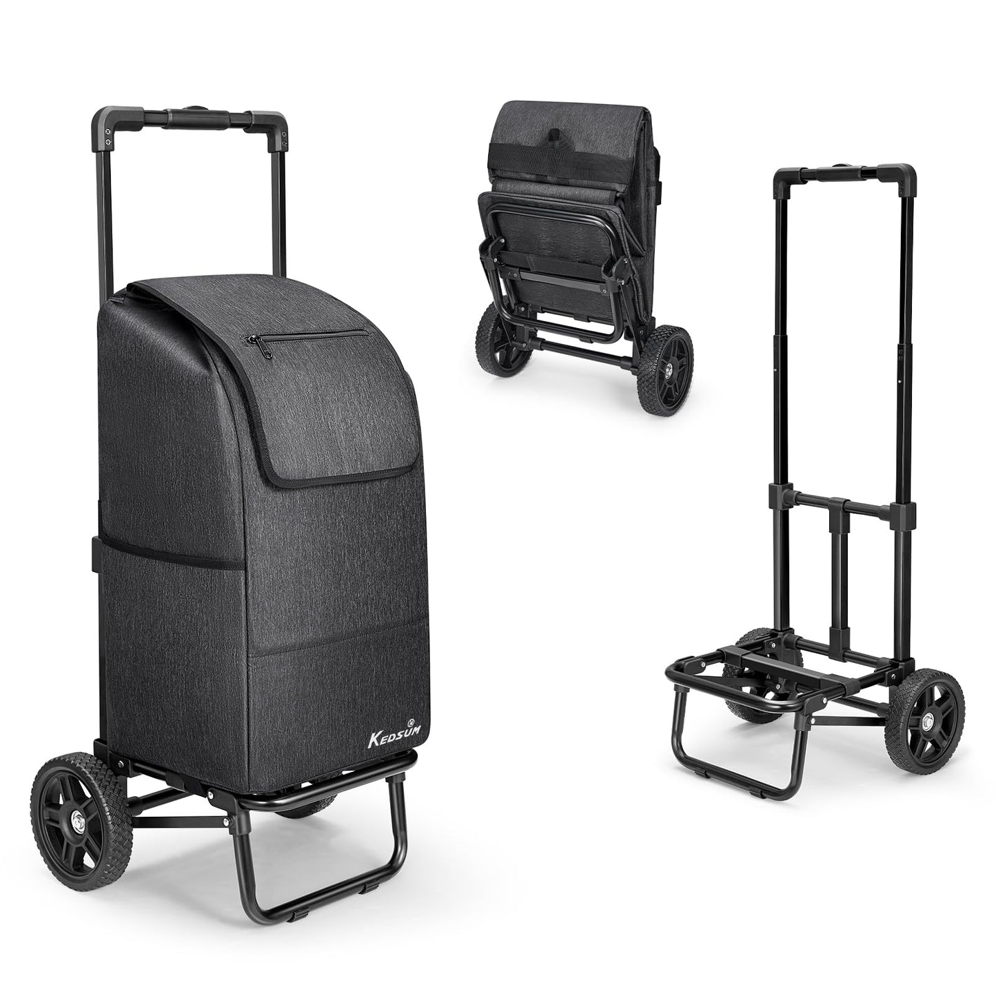 KEDSUM 2 in 1 Shopping Carts for Groceries, 330 lbs Grocery Cart on Wheels, Foldable Utility Carts with Wheels, Hand Truck with Waterproof Tote Bag for Shopping, School, Laundry, Craft Show, Black