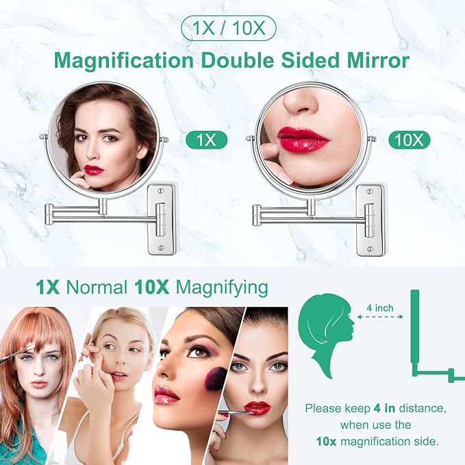 DECLUTTR 8 Inch Wall Mounted Magnifying Mirror with 10x Magnification, Double Sided Vanity Makeup Mirror for Bathroom, Chrome Finished