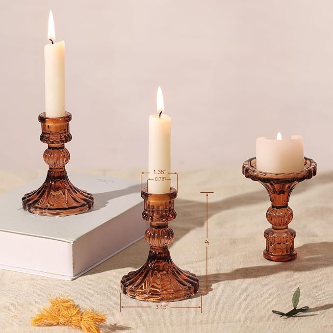 12PCS Amber Candlestick Holders Set- 4" H Taper Candle Holders, Glass Candle Holders Bulk for Wedding, Party, Fall Home Table Centerpieces, Festival Gifts & Windowsill Decor