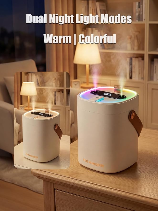 Humidifier for Bedroom, 2L Cool Mist Humidifier with Essential Oils Diffuser and Nightlight, Top Fill Humidifiers for Home, Auto Shut-Off, Carry Handle, Quiet Easy to Fill & Clean for Home