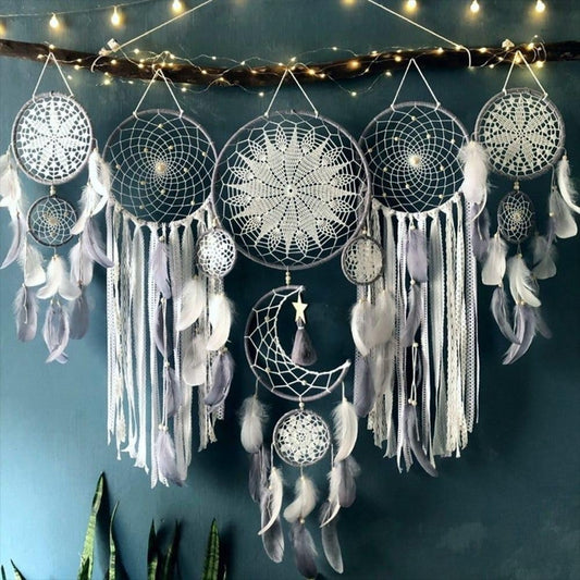 Boho Dream Catcher Wall Hanging Set of 5 Large Moon Dream Catchers with Luxurious Feathers and Beads, Handcrafted Wall Decoration for Bedrooms, Nurseries and Living Rooms (Gray)