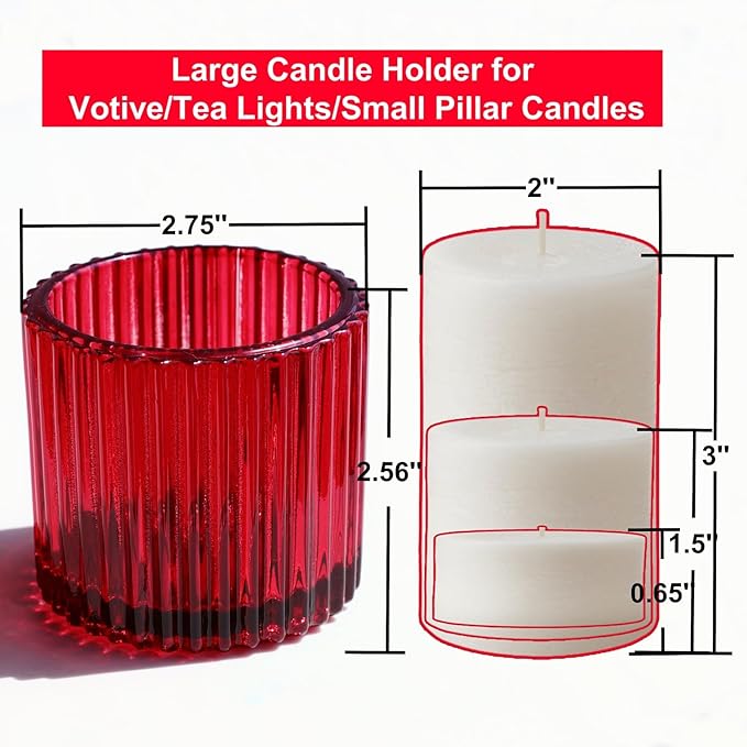 VOHO Red Votive Candle Holders for Christmas Valentines Day Decoration, Vintage Ribbed Tea Lights Candle Holder for Wedding, 6pcs Large Tealight Candle Holder for Votives Tea Lights(2.75'' x 2.56'')