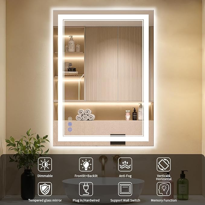 28"x36" LED Bathroom Mirror with Lights, Anti-Fog, Backlit + Front Lit, Dimmable, Led Vanity Mirror for Wall, Lighted Bathroom Mirror, 3 Colors, Shatter-Proof Tempered Glass
