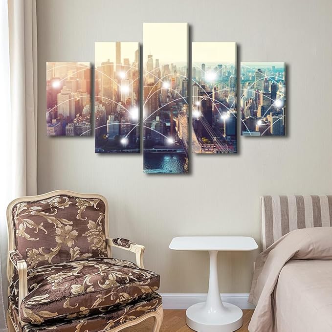 Canvas Wall Art New York Smart City Poster 5 Panel Connection Concept Poster Native Americans Living Room Decor Communication Workers Bedroom Decor Frame and Stretched Ready to Hang 60x40 Inch