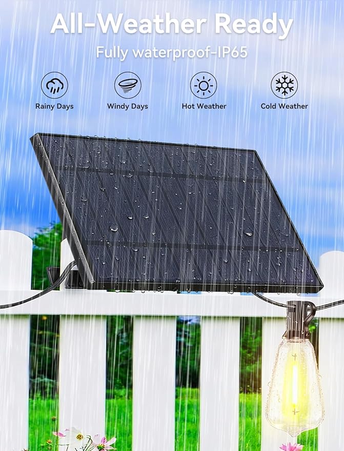 Brightever 150FT Solar String Lights Outdoor Waterproof with Remot, 55+2 Shatterproof ST38 LED Bulbs, Dimmable & 3 Lighting Modes, Warm White Solar Patio Lights for Balcony, Deck, Wedding