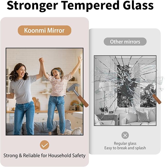 Koonmi Black Framed Bathroom Mirror - Shatterproof 30"x48" Tempered Glass, HD No Distortion, Horizontal/Vertical Mount, Modern Matte Aluminum Alloy Frame