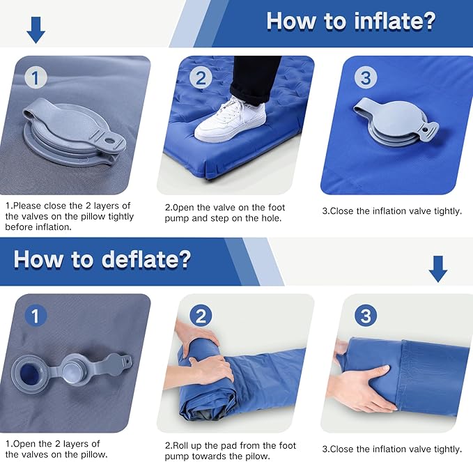 Double Sleeping Pad Camping, Self Inflating 6'' Extra-Thick 2 Person Pillow Built-in Foot Pump Waterproof Inflatable Sleeping Mat Backpacking, Tent, Hiking, Portable Camping Pad (Navy Grey)