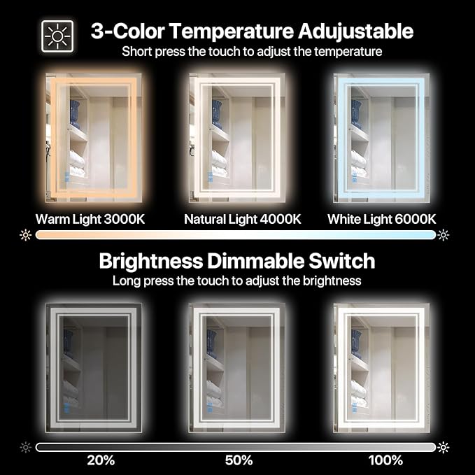 60x36 Inch LED Bathroom Mirror, Anti-Fog Dimmable Vanity Mirror with Lights, 3 Color Memory Function, UL Listed Backlit Mirror for Over Sink