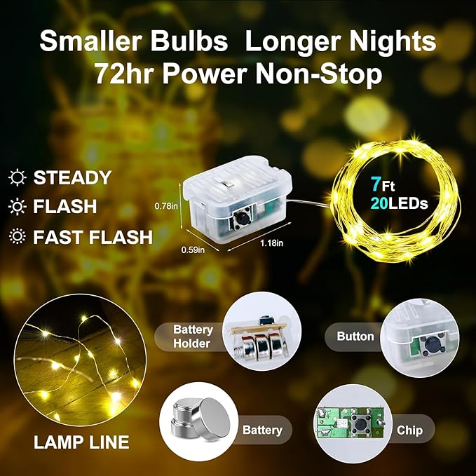 Aogist 100 Pack Fairy Lights 3 Modes 7ft 20 LED Waterproof,Battery Operated Silver Wire Firefly Starry Moon Mini String Lights for Mason Jars Christmas DIY Crafts Wedding Party Bedroom,Yellow