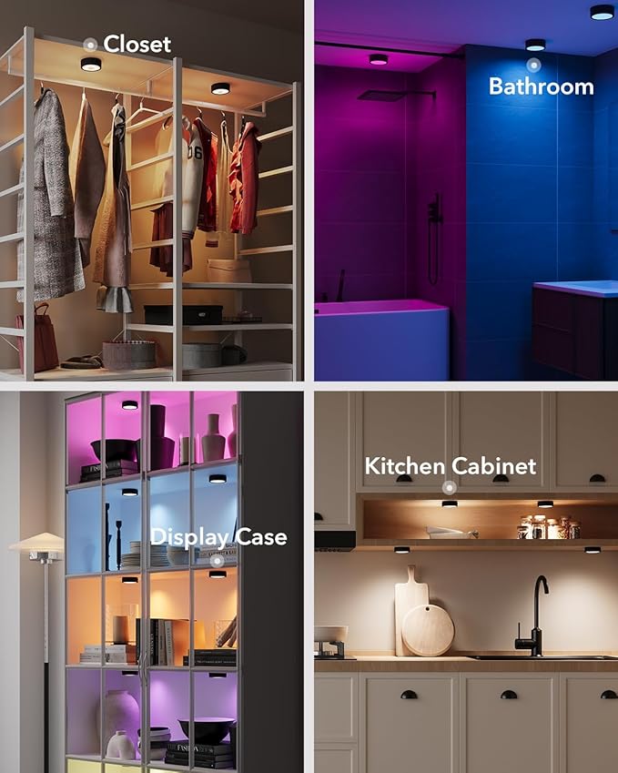 Rechargeable Under Cabinet Puck Lights with Remote Control, Black 2400mAh Battery Operated Push Button Light Stick On Magnetic Tap Lights Wireless Color Changing Touch Light for Closet Kitchen Counter