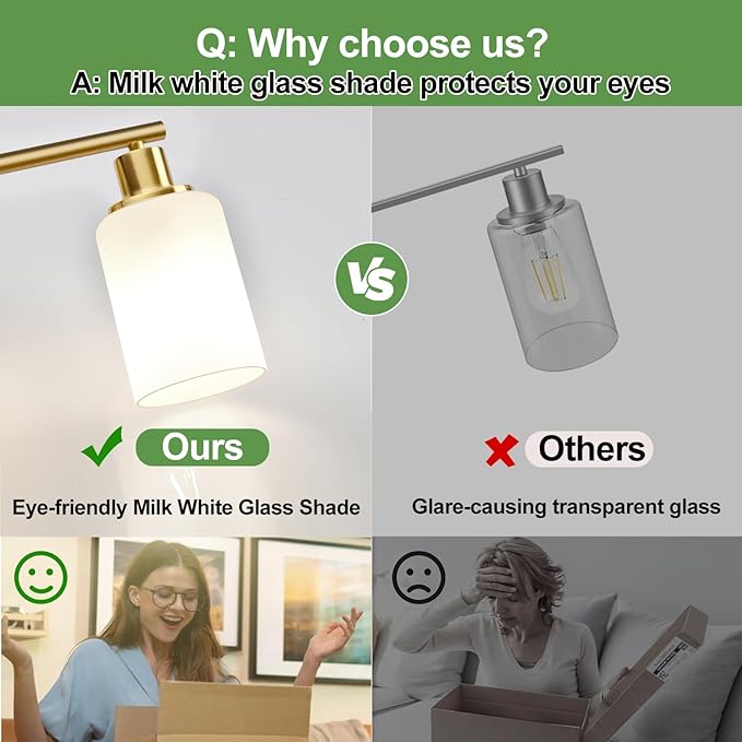 4-Light Bathroom Light Fixtures, Brushed Gold Modern Vanity Lights with Milky White Frosted Glass Shades, Bathroom Wall Lamp for Mirror Kitchen Living Room