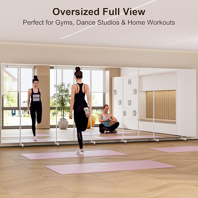 brisafe 67"x63" Folding Mirror with Wheels, 3-Panel Full Length Wall Mirror, Space-Saving Design, Shatterproof Nano Material, Portable Floor Mirror for Gym, Dance Studio, Home, Commercial Use, Silver