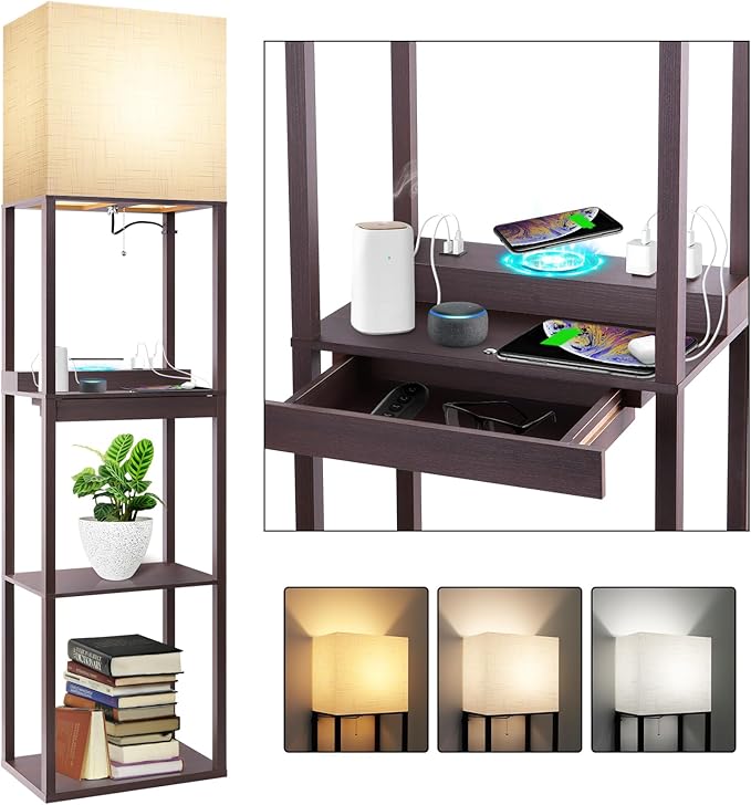 RUNTOP Floor Lamp with Shelves, Modern Standing Lamp with Wireless Charger, 1 Drawer and 2 USB Ports & 2 Power Outlet, 15W LED Bulb 3 Colors, Memory Function, Shelf Lamp for Living Room and Bedroom