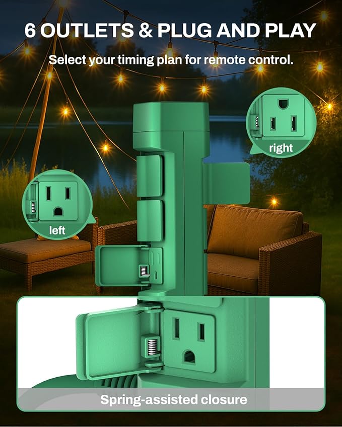 BN-LINK Outdoor Power Stake Timer, Dusk to Dawn Sensor for Outdoor Lights, 6 Grounded Outlets, 6ft Extension Cord, 1875W/15A,Christmas Decorations, ETL Listed