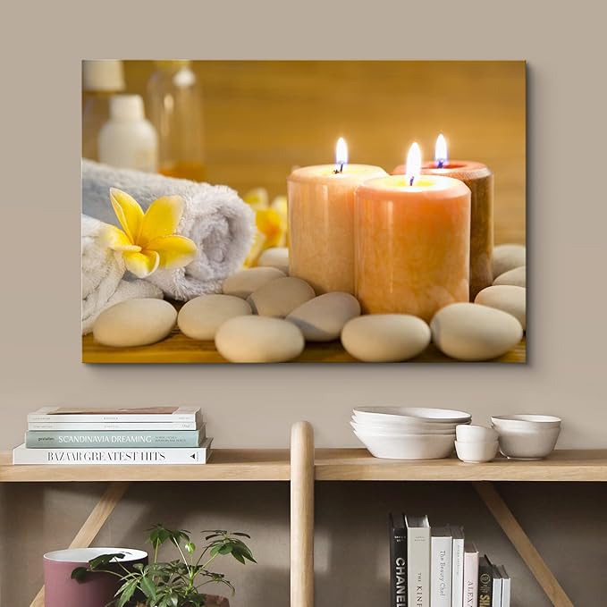 wall26 Canvas Print Wall Art Lit Spa Candle Trio with Stones & Yellow Blossoms Nature Wilderness Photography Realism Chic Scenic Multicolor for Living Room, Bedroom, Office - 12"x18"
