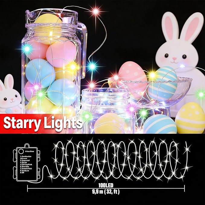 LAMPHOME 100 LED 33FT Multicolor Easter Fairy Lights Battery Operated with Remote, Colorful Mini Starry String Lights Multi Functions & Timer,Twinkle for Home Bedroom Wedding DIY Centerpiece Decor