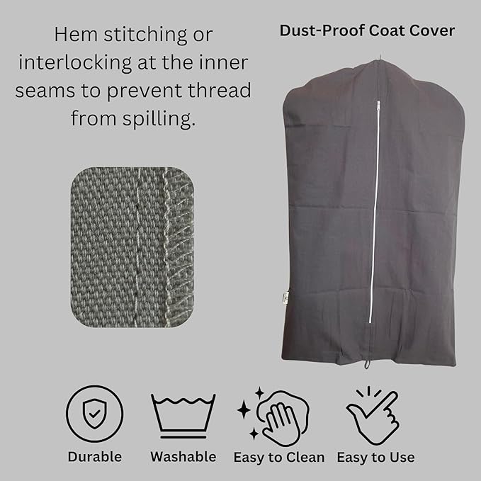 Garment Bag for Hanging Clothes – Organic Cotton Suit & Coat Cover with Zipper | Breathable Closet Organizer for Travel & Storage (X-Large (24"x60"), Gray)