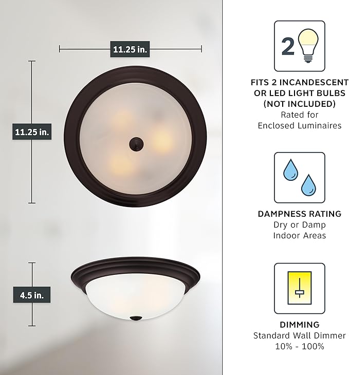 DESIGNERS FOUNTAIN Reedley 2-Lights Flush Mount Ceiling Light, 11 Inch Lighting Fixture for Kitchen, Bedroom, Bathroom, and Hallway, Oil Rubbed Bronze with Etched Glass, 1257S-ORB-W