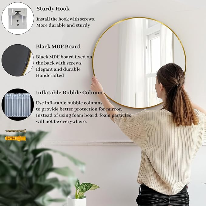 Gold Circle Mirror, Round Mirror 22 inch, Gold Wall Mirrors Metal Frame, Circle Mirrors for Bathroom, Bedroom, Living Room, Entryway.