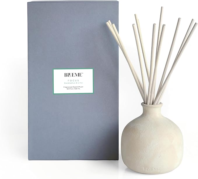 Blueme Focus Diffuser | Eucalyptus & Lime | 16.91 Fl Oz - Refillable Wellness Diffuser, Contains Essential Oil, Sustainable, Hand Finished, Premium, Luxury Ceramic, Natural Rattan Reeds | Large