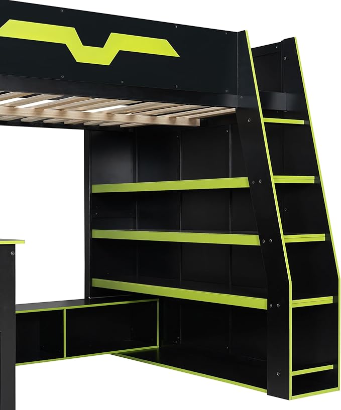 LUMISOL Full Size Wood Loft Bed with Desk and Multi-Storage Shelves, Gaming Loft Bed with RGB LED Lights and Adjustable Desk Placement, Space-Saving Game Bedframe with Under-Bed Storage, Green