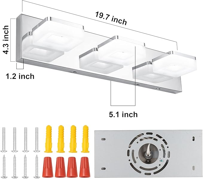 3 Colors Dimmable Bathroom Light Fixtures Over Mirror, LED Chrome Vanity Lights, Acrylic Stainless Steel 3 Light Bathroom Vanity Light, Adjustable 3000K/4000K/6000K, 360° Rotate