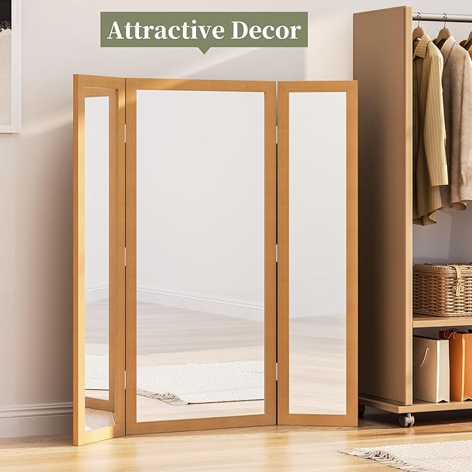 Trifold Mirror Full Length with Tempered Glass, 3 Way Oversized Extra Large Floor Mirror with Wood Frame, Decorative Mirror for Home,Wedding Dress/Clothing Shop/Bedroom/Closet, 71"x67" (Brown)