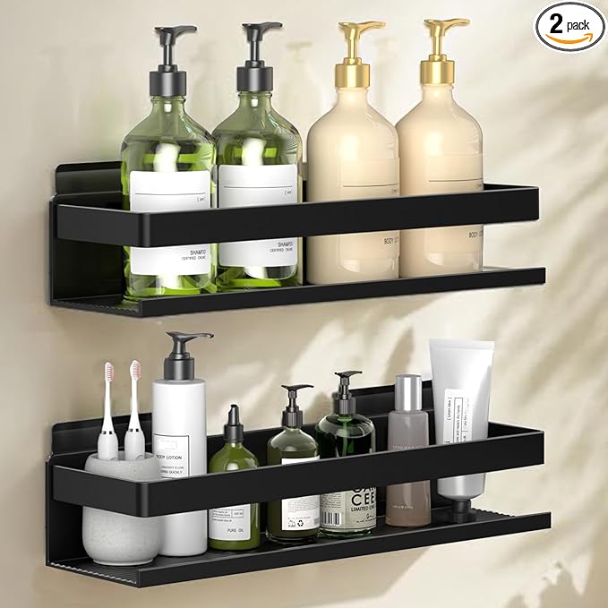 Aluminum Shower Caddy 2-Pack 11.8in, Stick-on Bathroom Rack, Thickened and Sturdy Bathroom Storage Rack wall-Mounted, no Punching and no Drilling Installation Methods(2 Layers 11.8in)