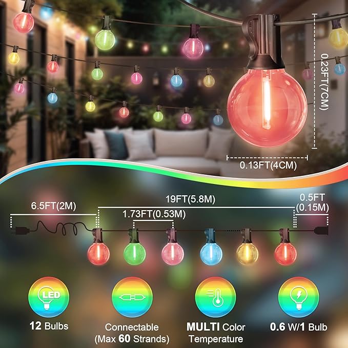 LAMPHOME Outdoor Easter String Light, 26Feet LED Patio Lights with 12+1 Edison Shatterproof Bulbs(1Spare), UL Waterproof Outside Lights connectable Dimmable for Backyard Porch Decor,Pastel Multicolor