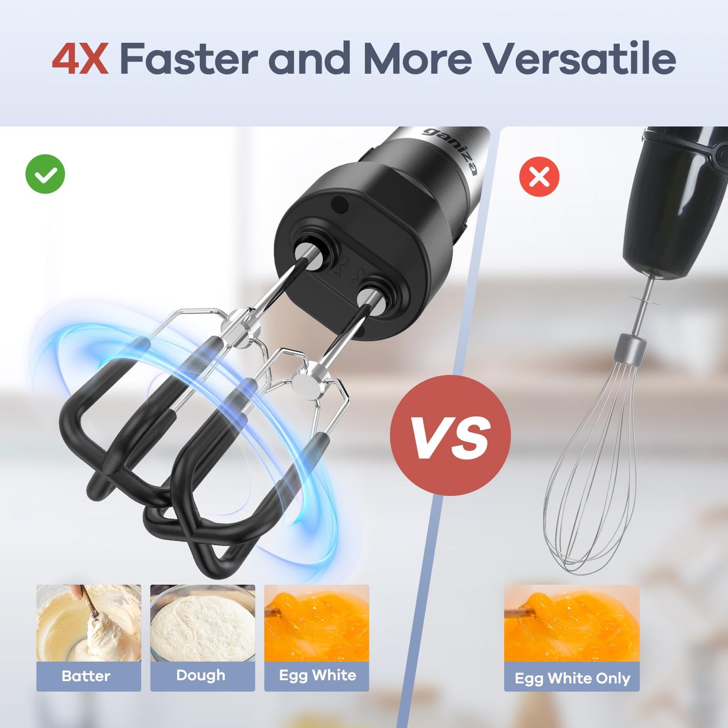 Ganiza Immersion Blender Handheld, 6 in 1 Hand Blender Stainless Steel Blade, 15 Speed Stick Blenders Electric, 800ml Mixing Beaker, 600ml Chopper, Whisk, Frother, Potato Masher