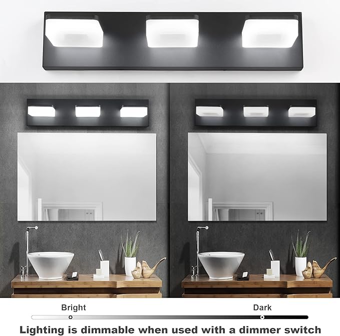 3 Colors Dimmable Black Bathroom Light Fixtures Over Mirror, LED Vanity Lights, Acrylic Stainless Steel 3 Light Bathroom Vanity Light Fixtures, Adjustable 3000K/4000K/6000K, 360° Rotate