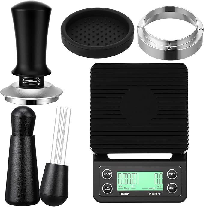 5 Pcs 53mm Espresso Accessories Kit, 3kg/0.1g Accurate Coffee Scale with Timer, Coffee Distributor Spring Loaded Calibrated Tamper WDT Tool and Dosing Funnel Set Fits 53mm Espresso Machines