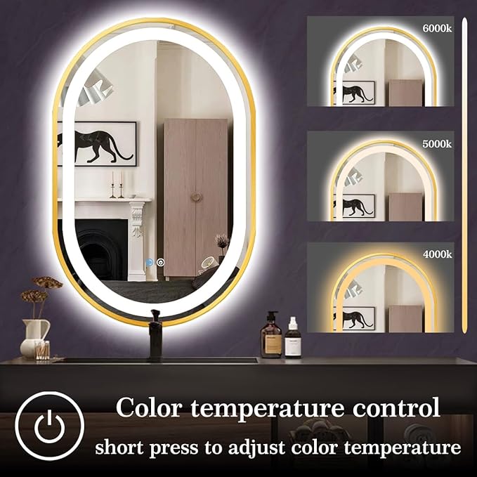 24 x 36 Inch Gold Oval LED Vanity Mirror with Lights Smart Memory 3 Color Dimmable Anti-Fog 36" Gold Framed Oval Lighted Mirror for Bathroom Salon Wall LED Ovals Mirror with Lights Frame
