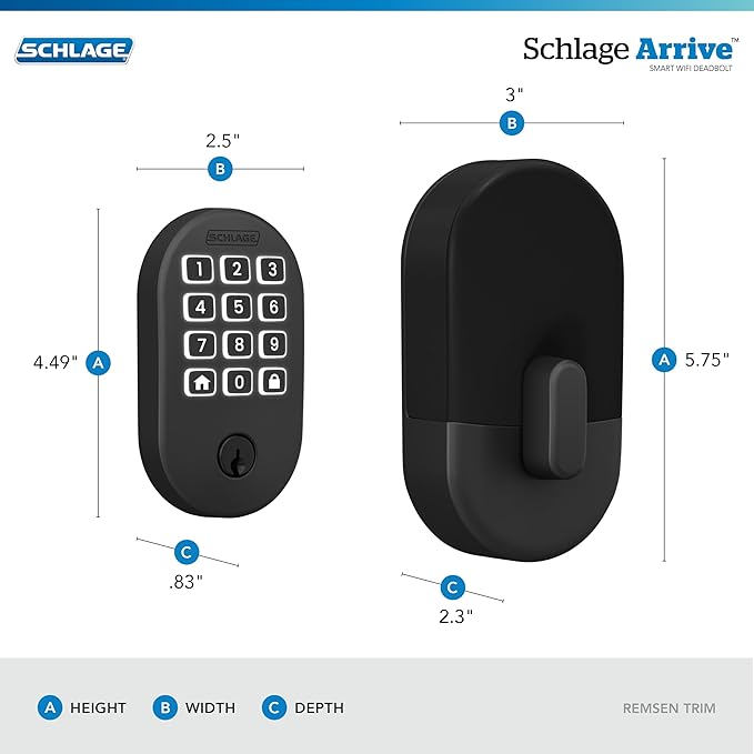 Schlage Arrive WiFi Deadbolt Smart Lock, Keyless Entry Door Lock with Remsen Trim, Matte Black, Compatible with Alexa and Google, BE459WB RMN 622