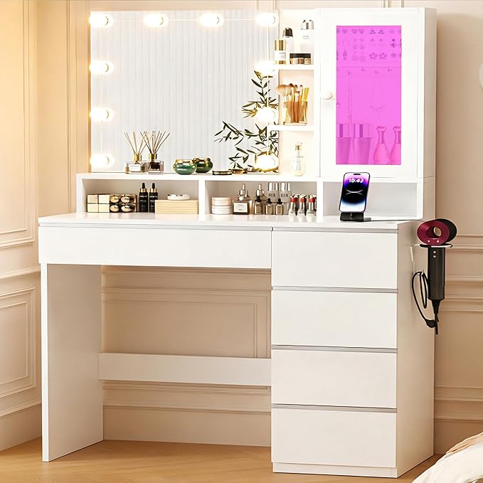 Vanity Desk with LED Lights Mirror, Makeup Table with Power Outlet for Ladies and Girls, 35.43" RGB Light Makeup Desk with 6 Storage Drawers for Bedroom, White 2